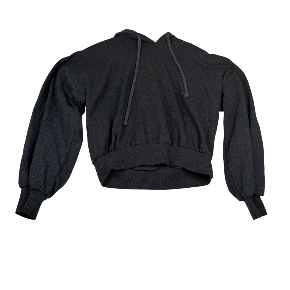 Ambiance Womens Charcoal Gray Cropped Balloon Sleeve Hoodie Size L Heathered